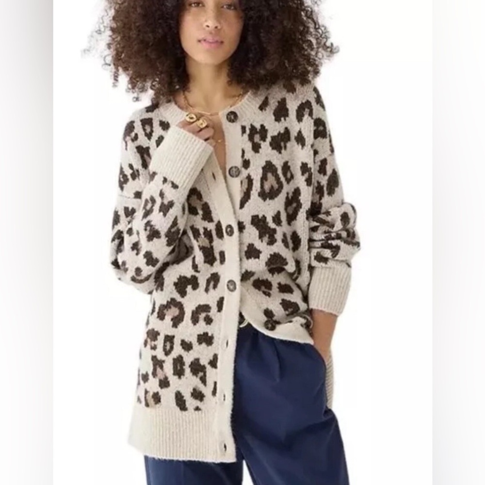 J. CREW Oversized Long Cardigan Sweater Leopard Print Wool Blend Women’s Medium